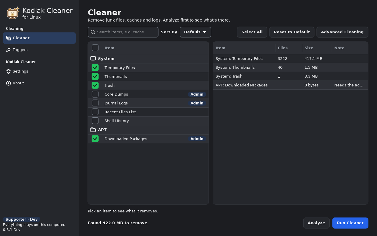Kodiak Cleaner for Linux in Classic Dark