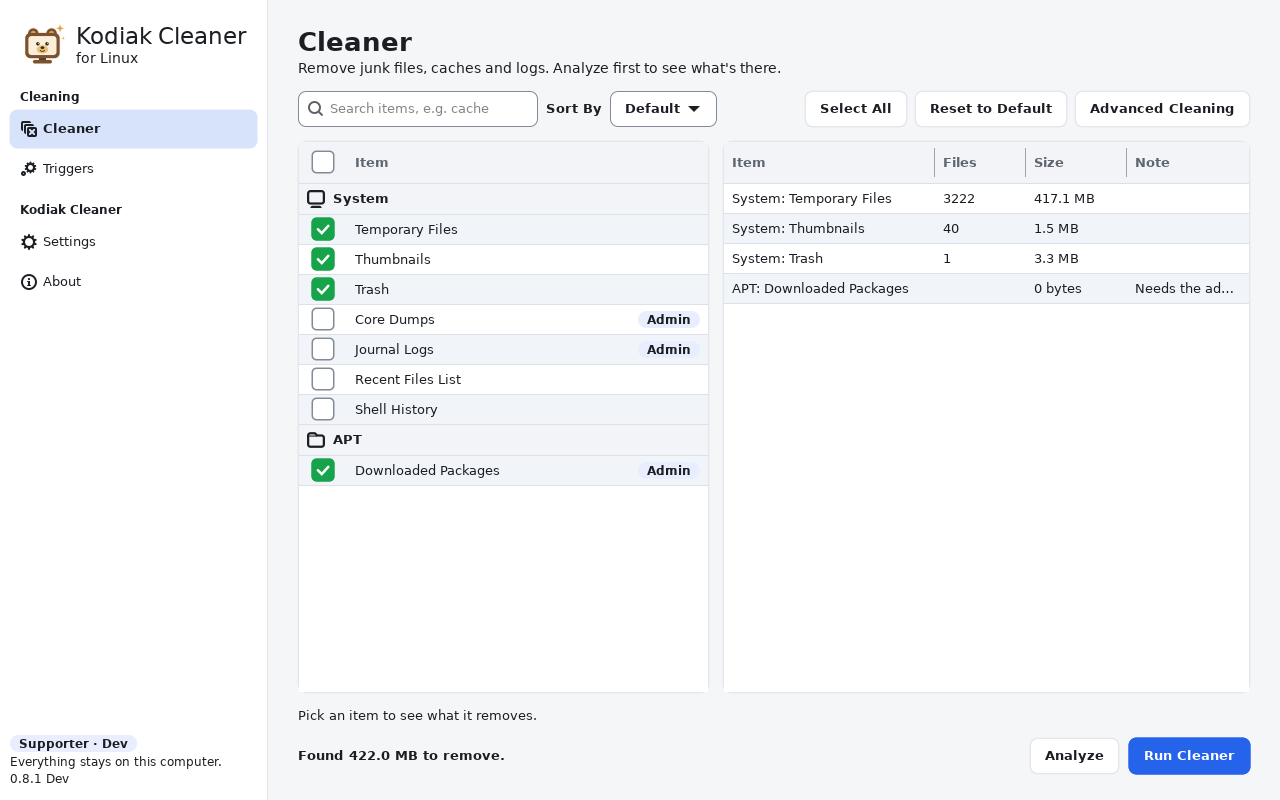 Kodiak Cleaner for Linux in Classic Light
