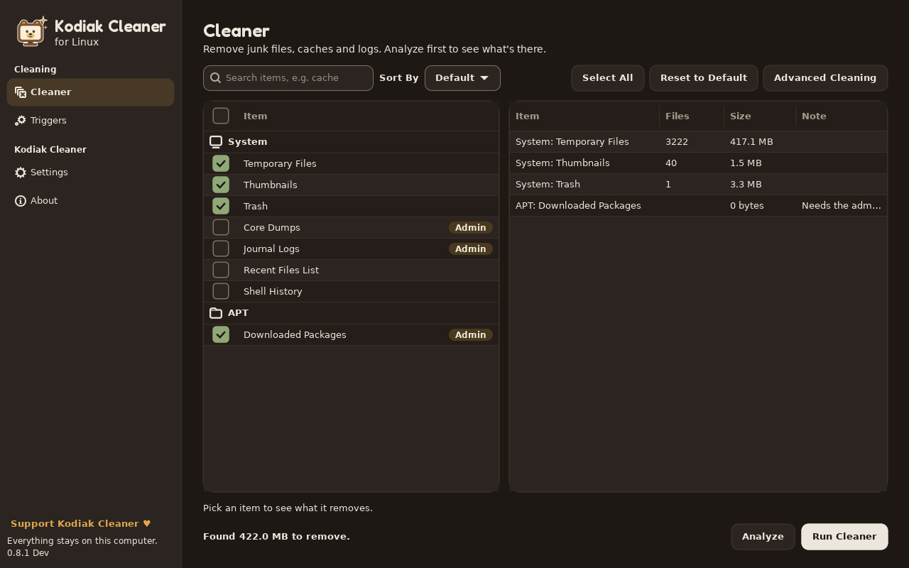 Kodiak Cleaner for Linux in Honey Dark