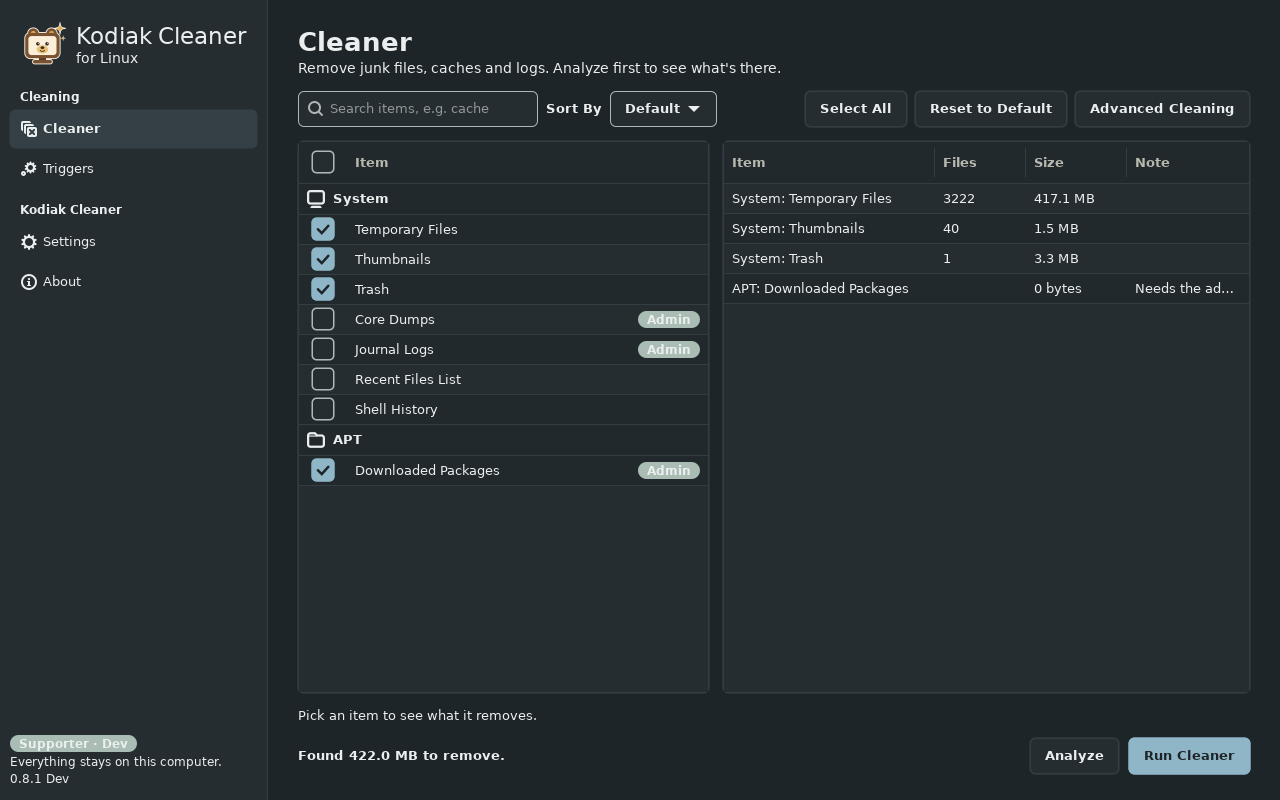Kodiak Cleaner for Linux in Glacier Dark