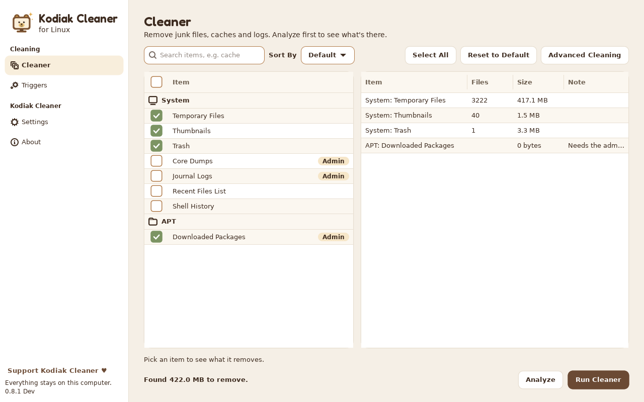 Kodiak Cleaner for Linux, Cleaner page after Analyze