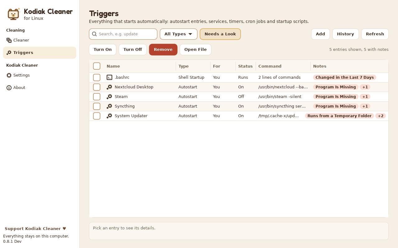 Triggers page showing only the entries that need a look