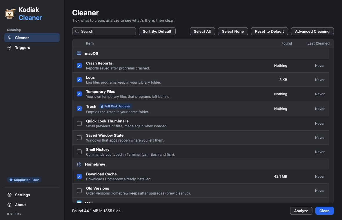 Kodiak Cleaner for Mac in Classic Dark