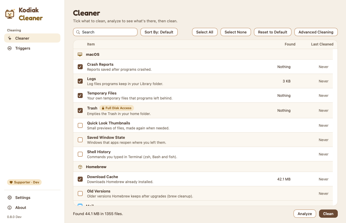 Kodiak Cleaner for Mac, Cleaner page after Analyze