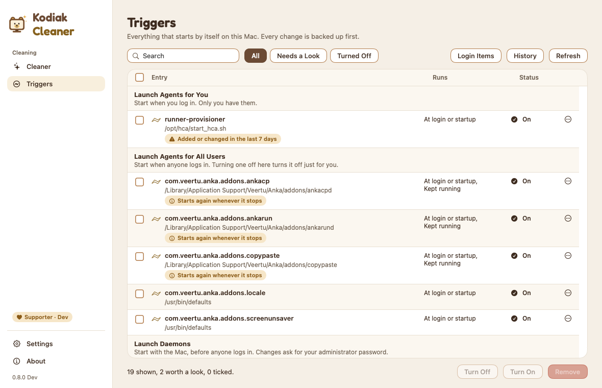 Kodiak Cleaner for Mac, Triggers page